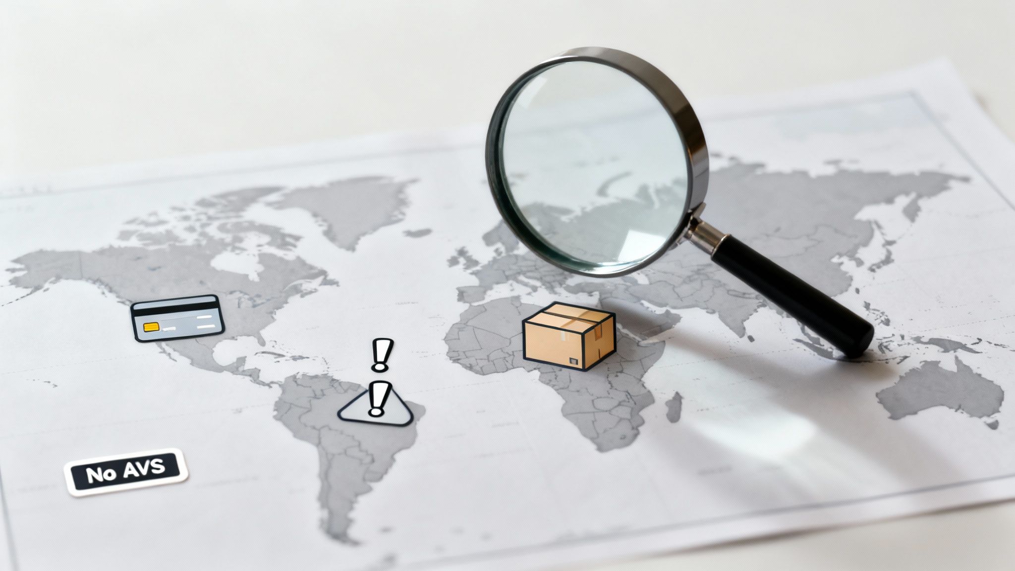 A world map with a magnifying glass, credit card, package, and 'No AVS' label, depicting global fraud concerns.