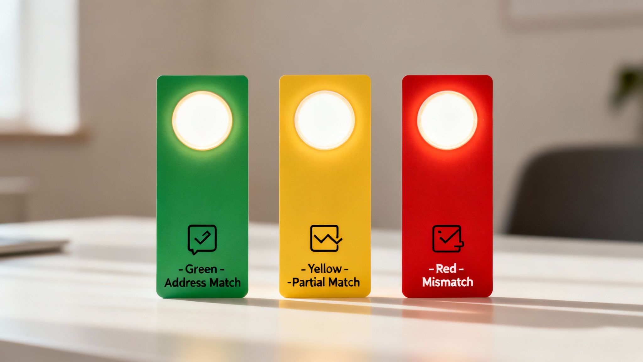 Three colored cards (green, yellow, red) indicating address verification status: match, partial, mismatch.