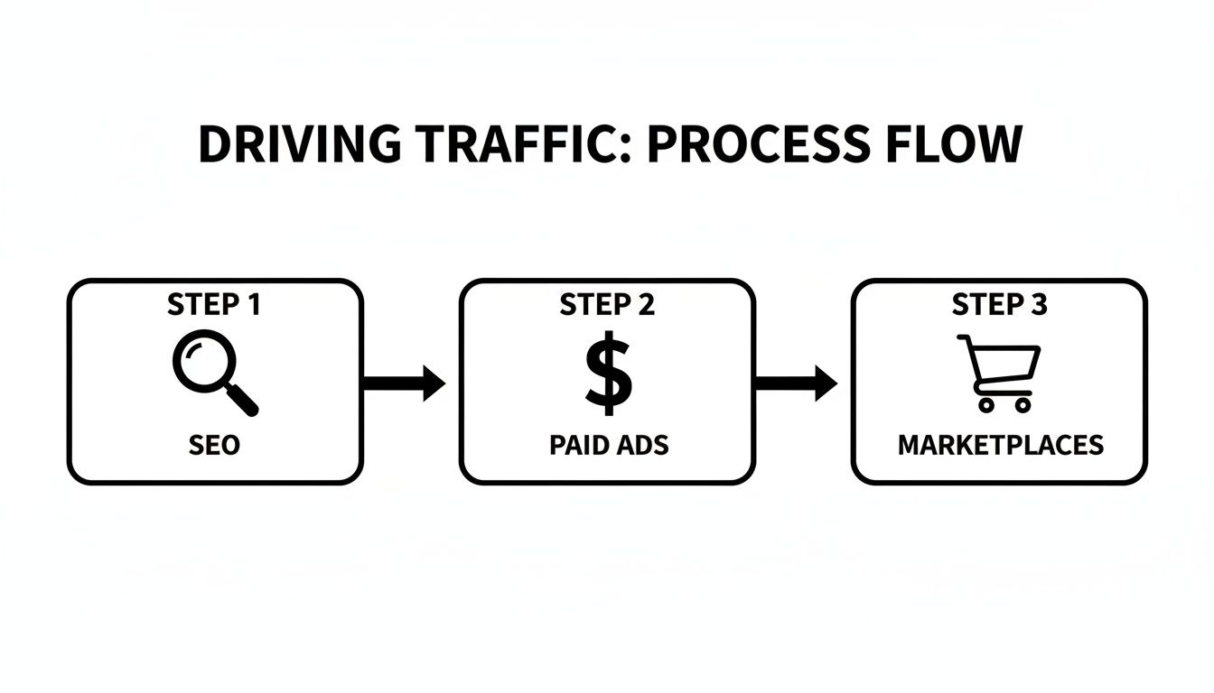 Process flow illustrating three steps for driving traffic: SEO, Paid Ads, and Marketplaces.