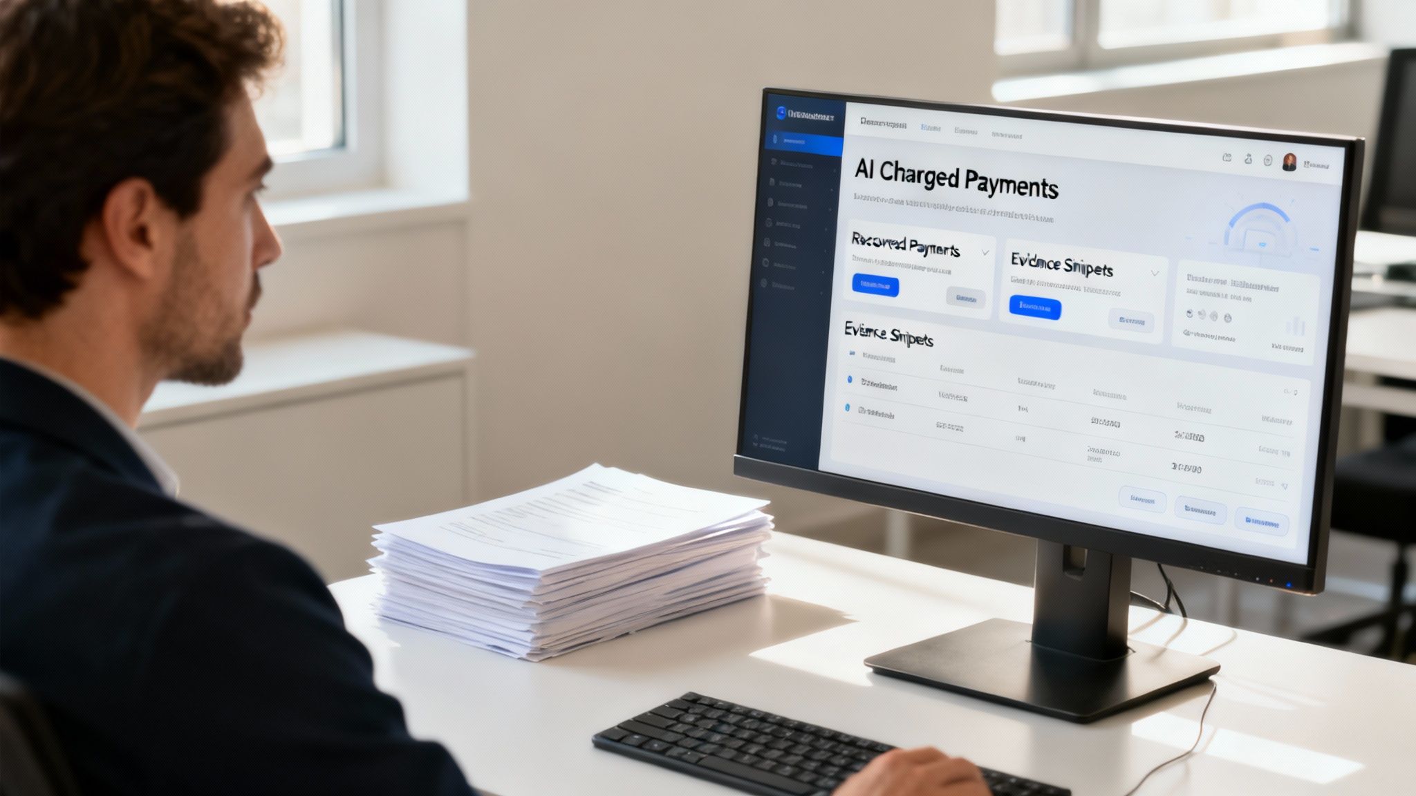 Man using a computer displaying an AI-powered financial dashboard, with a stack of papers on the desk.
