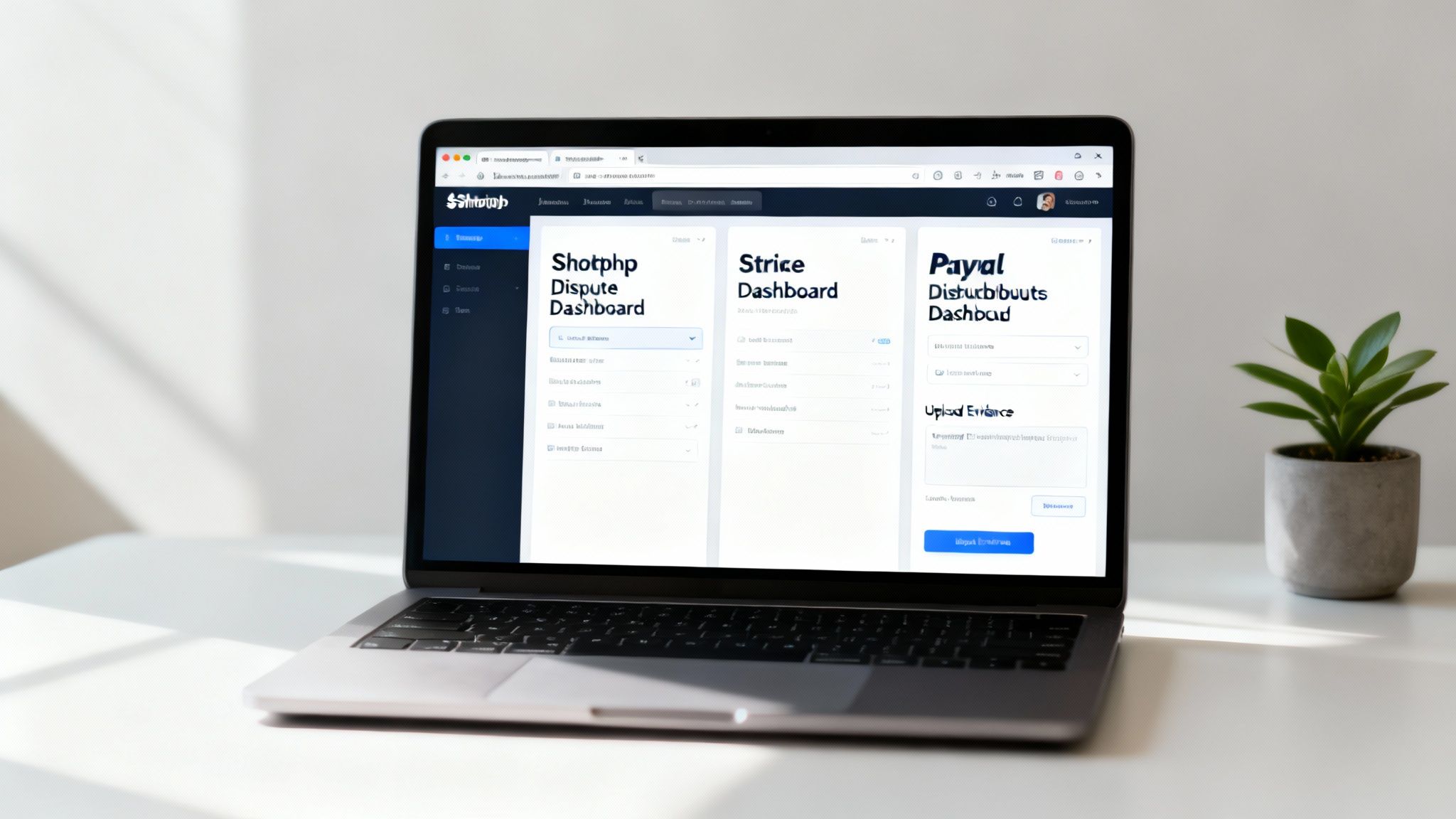 A laptop on a white desk displays a dashboard with various financial and dispute management sections, next to a potted plant.