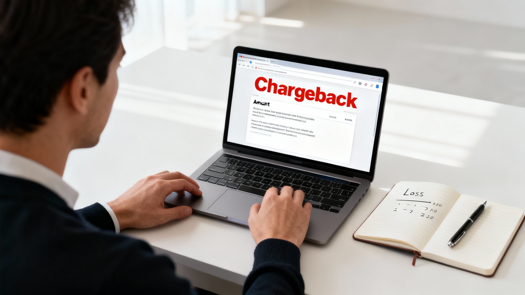 A man types on a laptop showing 'Chargeback' and a notebook with 'Loss' on a white desk.