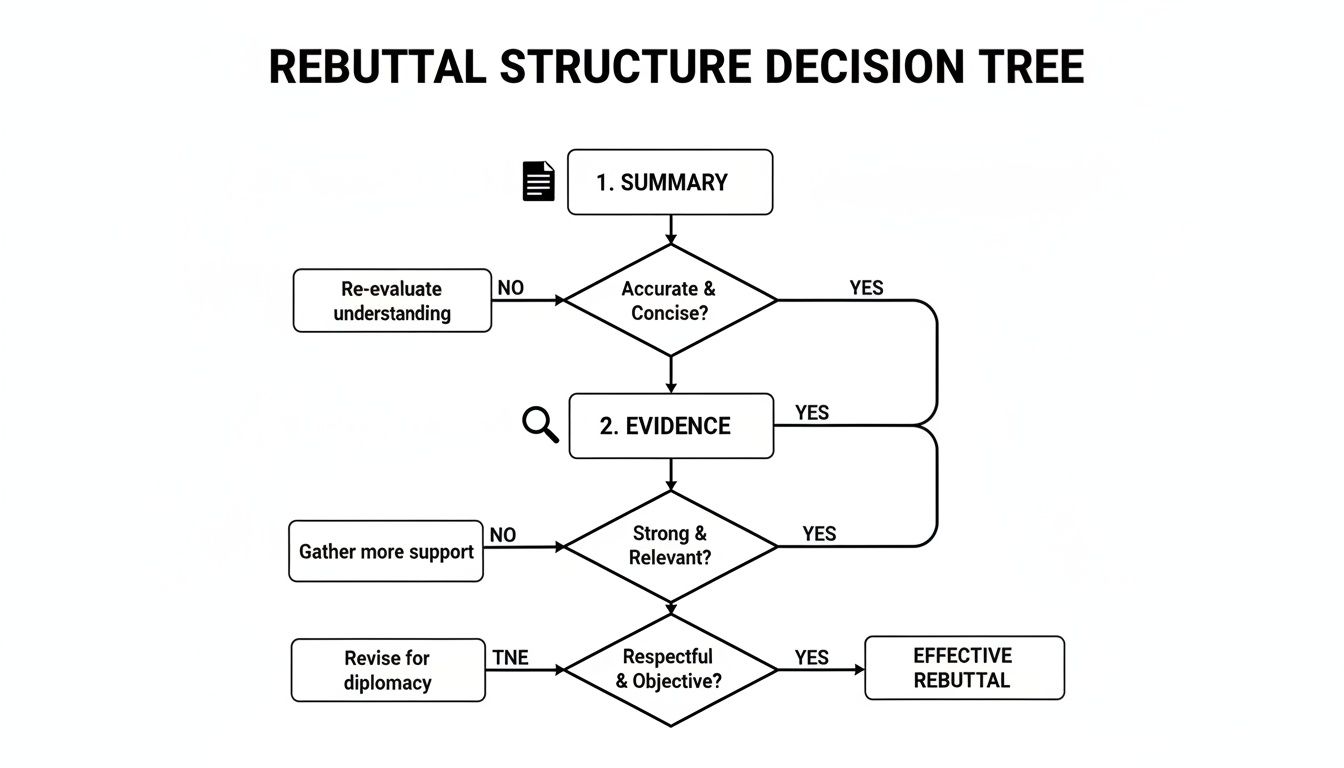Flowchart showing the rebuttal structure decision tree with steps for summary, evidence, and effective rebuttal.