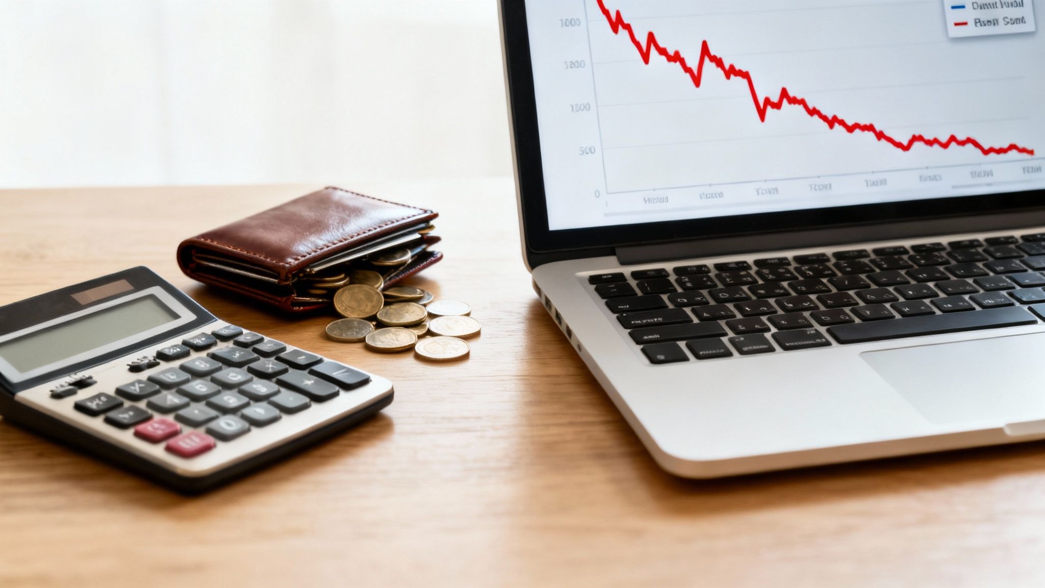 A calculator, a brown wallet overflowing with coins, and a laptop showing a declining financial graph.