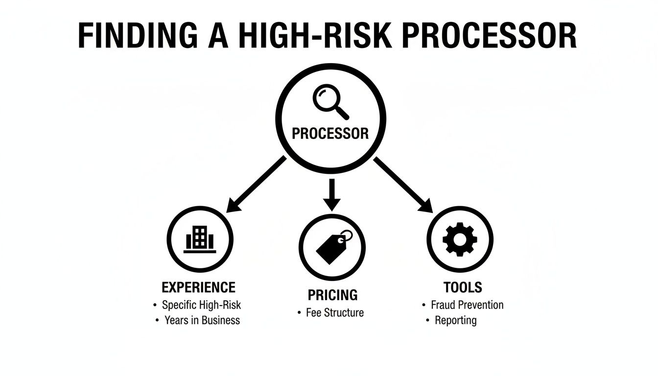 Diagram showing criteria for finding a high-risk processor: experience, pricing, and tools.