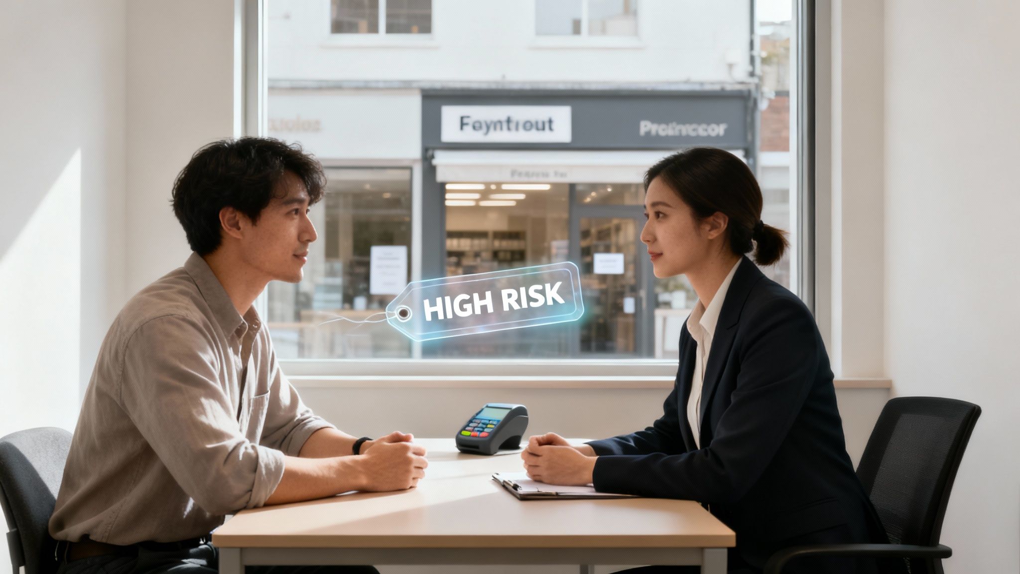 A man and woman discuss financial options, with a digital 'HIGH RISK' tag floating between them.