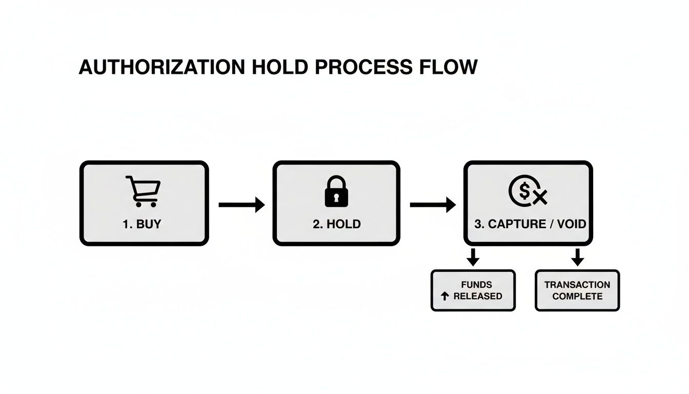 Flowchart illustrating the authorization hold process, from buying to holding funds, then capturing or voiding.