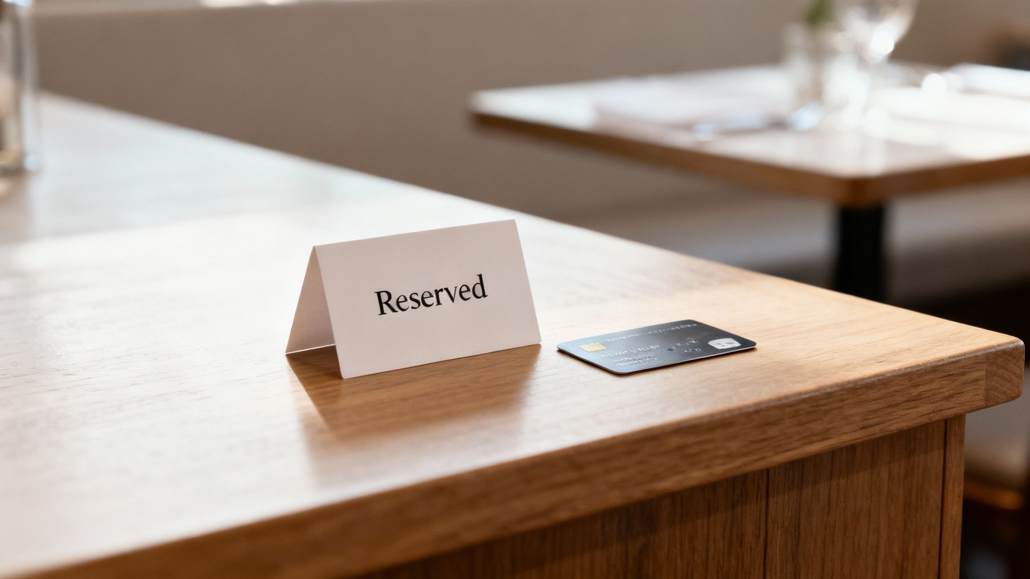 A 'Reserved' sign and a black credit card lie on a light wooden table in a restaurant.
