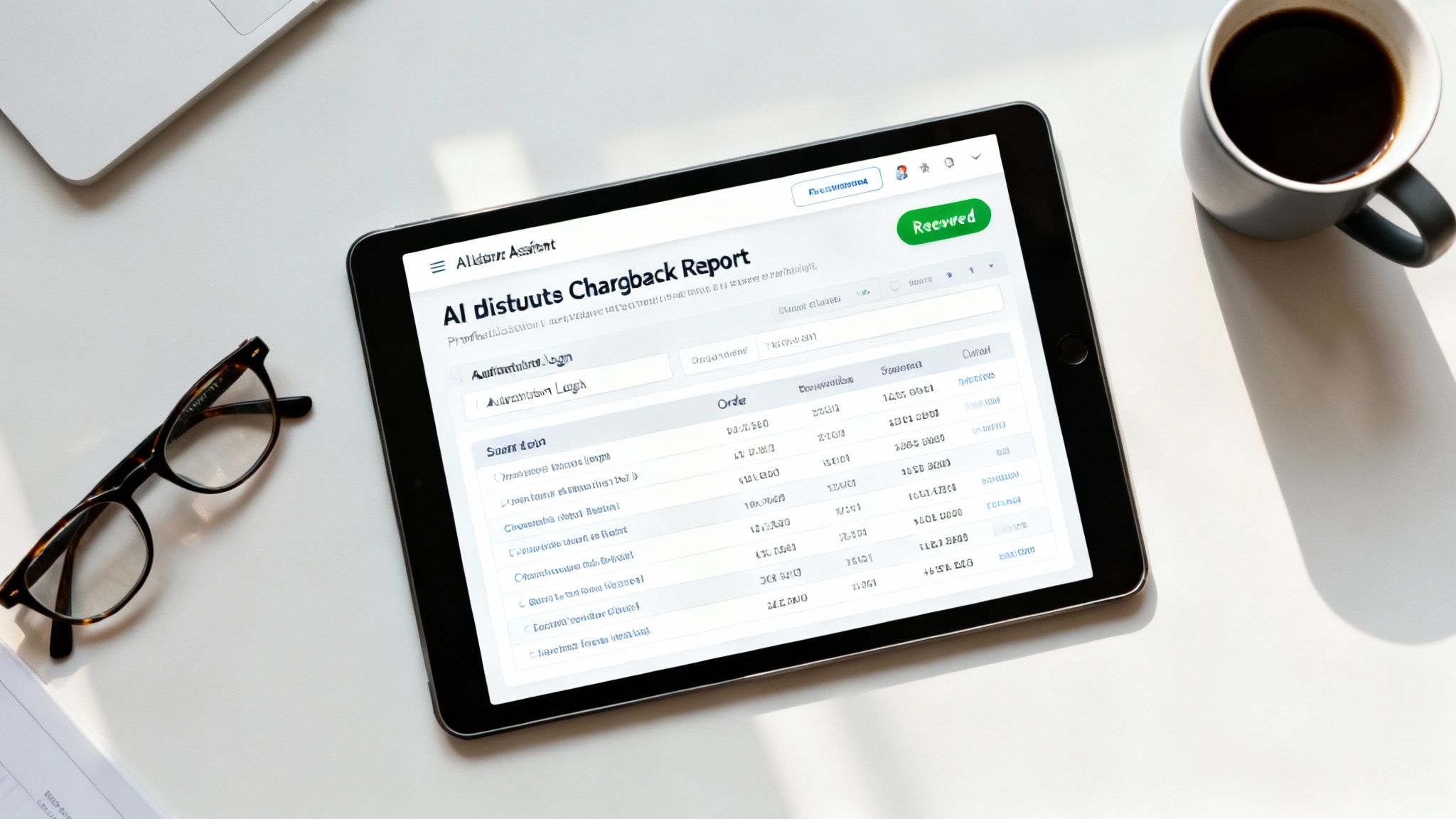 A tablet displays an AI chargeback report on a clean white desk, alongside glasses and a coffee mug.