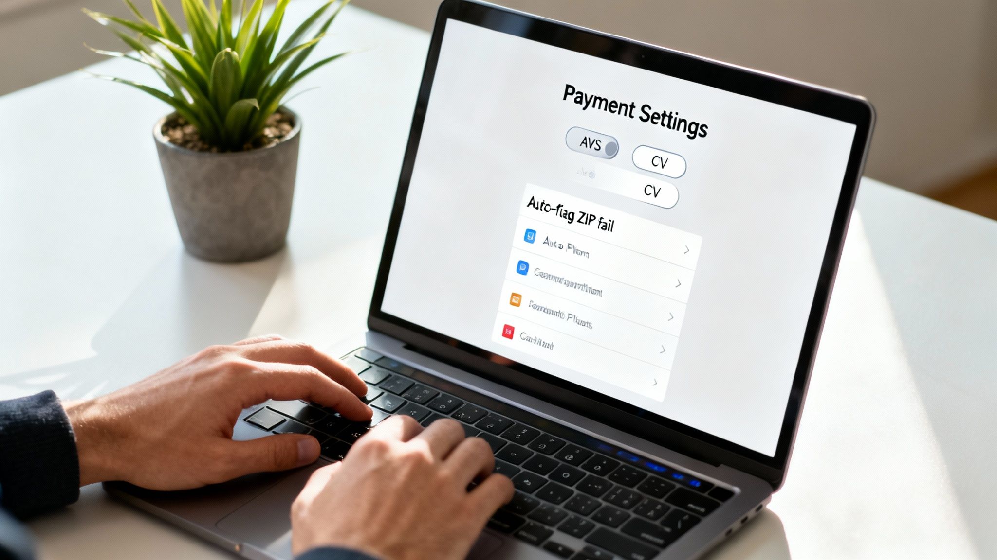 Person typing on a laptop displaying payment settings with AVS/CV options and an auto-flag ZIP fail list.