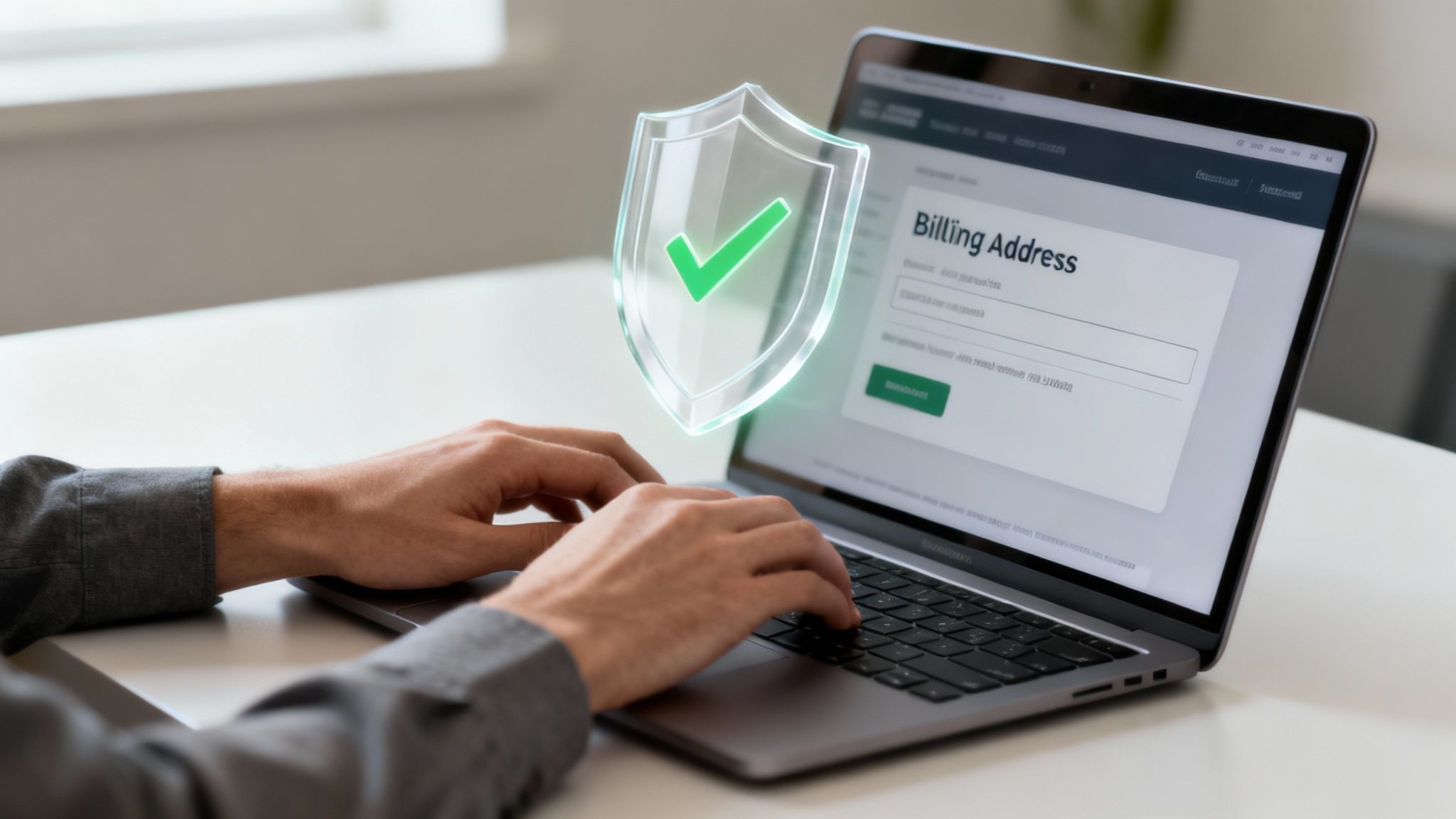 Hands typing on a laptop, showing a billing address form with a secure verification shield.