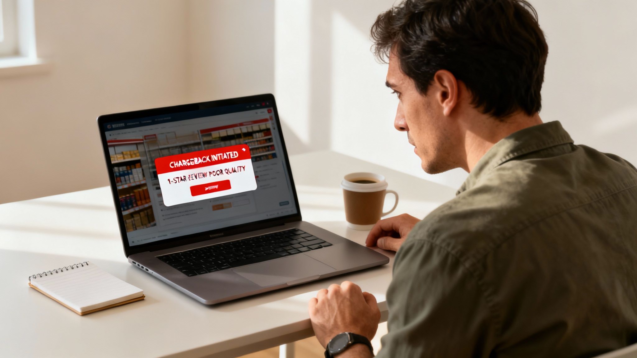 A man looks intently at a laptop displaying a chargeback notification and a 1-star review.