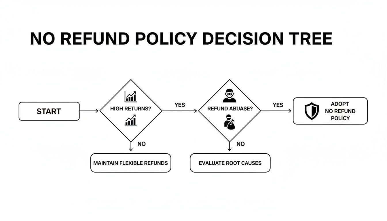 A decision tree flowchart for implementing a no refund policy, based on high returns and refund abuse.