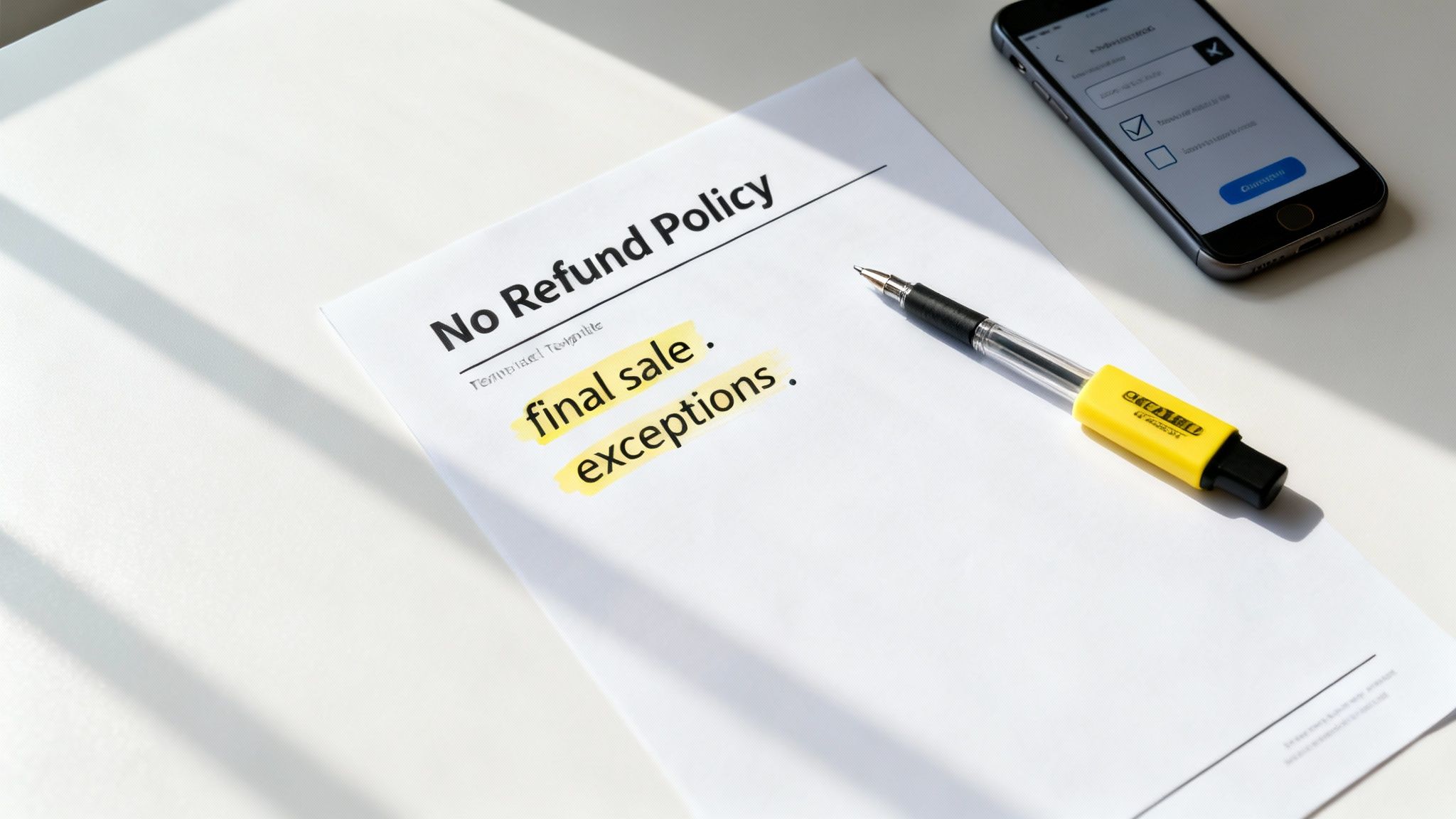 A document titled 'No Refund Policy' with 'final sale' and 'exceptions' highlighted, next to a pen and smartphone.
