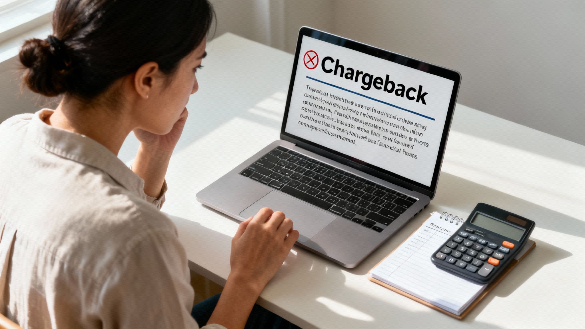 A woman reviews a chargeback notification on her laptop, with a calculator and notebook on the desk.