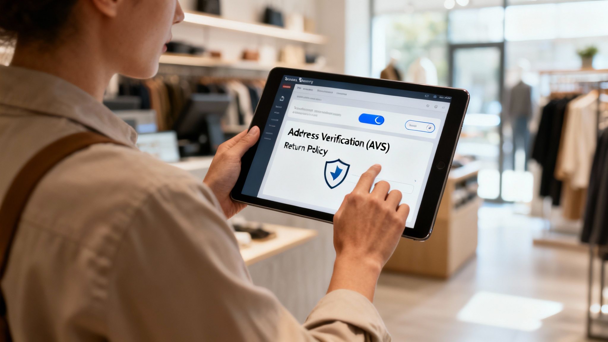 A person holds a tablet showing Address Verification (AVS) and Return Policy settings in a store.