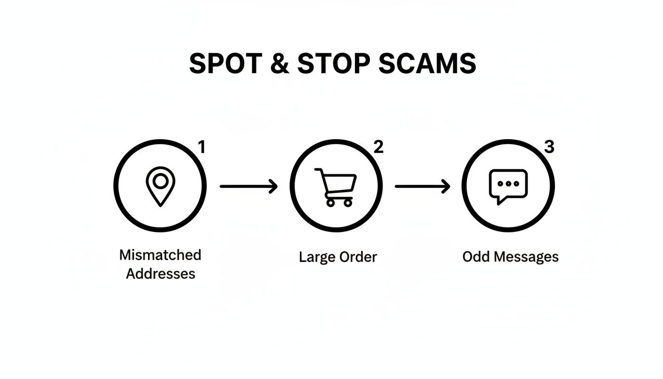 A flowchart showing three steps to spot and stop scams: mismatched addresses, large orders, and odd messages.