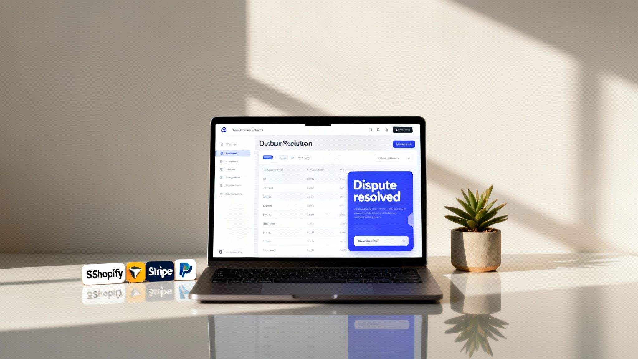 A laptop displays dispute resolution software with Shopify and Stripe logos on a bright desk.