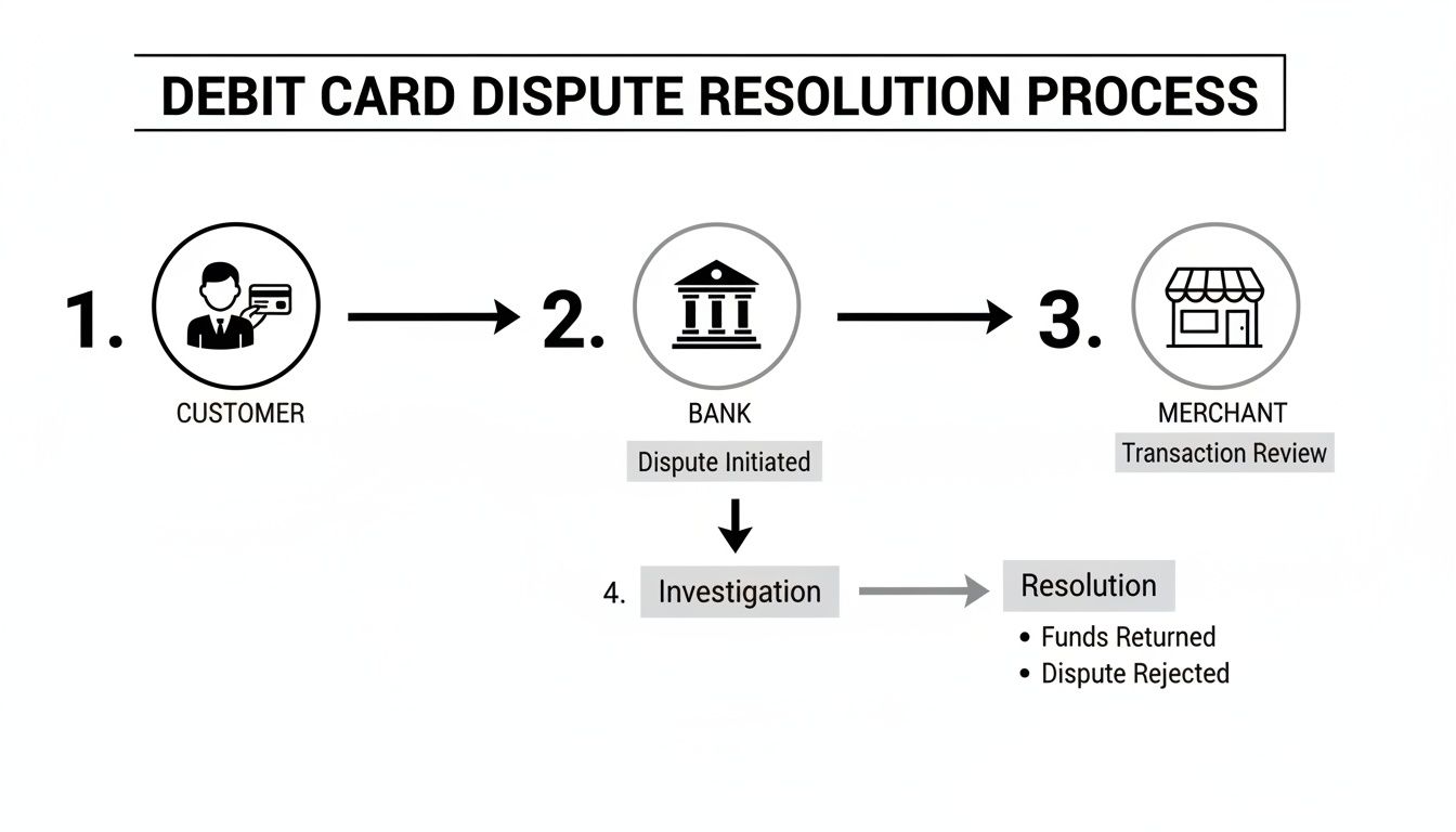 A flowchart detailing the debit card dispute resolution process: customer, bank, merchant, investigation, and resolution.
