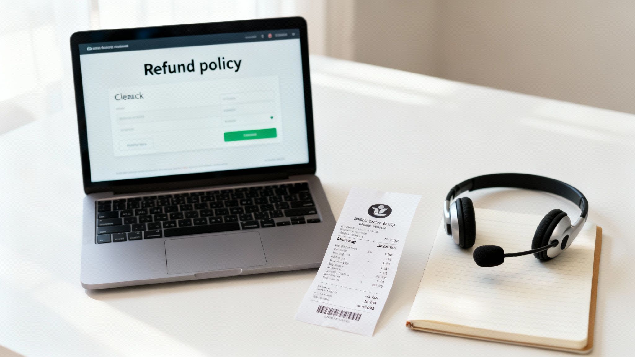 A laptop displays a 'Refund policy' page alongside a receipt, headset, and notebook, symbolizing customer service.