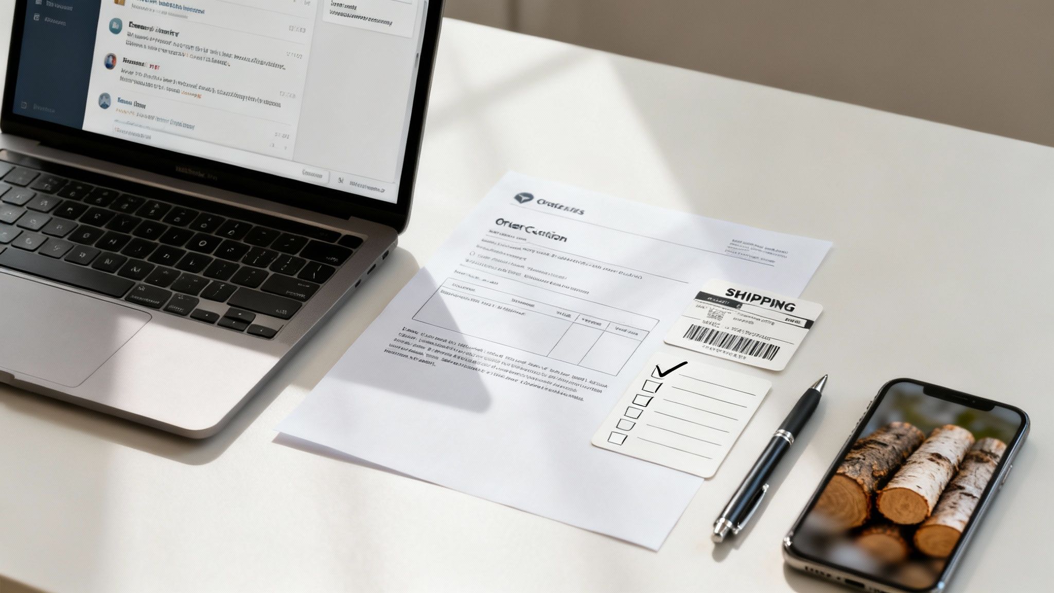 A modern workspace with a laptop, business documents, shipping label, checklist, and a smartphone.