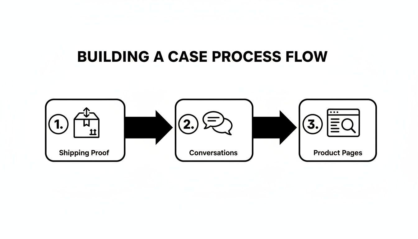 A three-step process flow for building a case: Shipping Proof, Conversations, and Product Pages, connected by arrows.