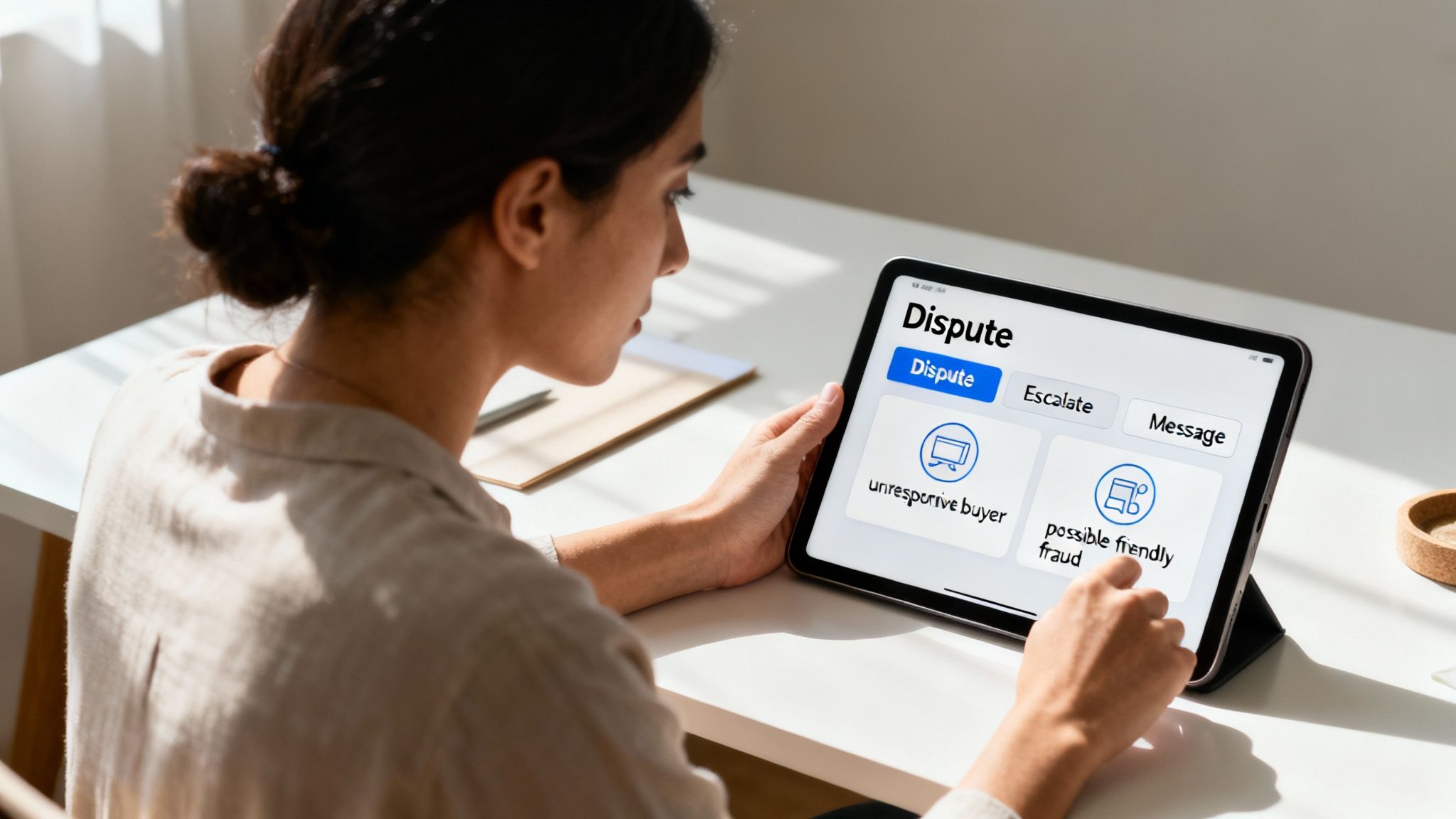 A person uses a tablet to navigate a dispute resolution interface, with options for unresponsive buyers and potential fraud.
