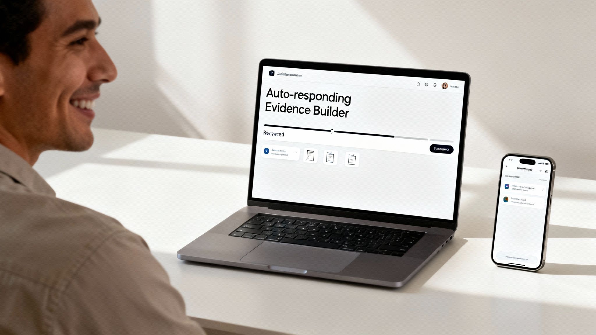 Smiling man interacting with a laptop and phone displaying an evidence builder application.