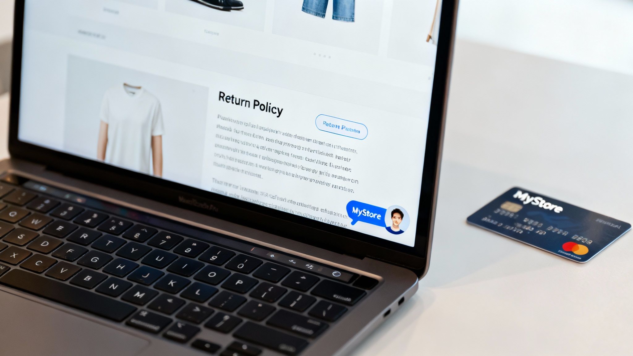 A laptop displaying an e-commerce return policy page next to a MyStore branded credit card.