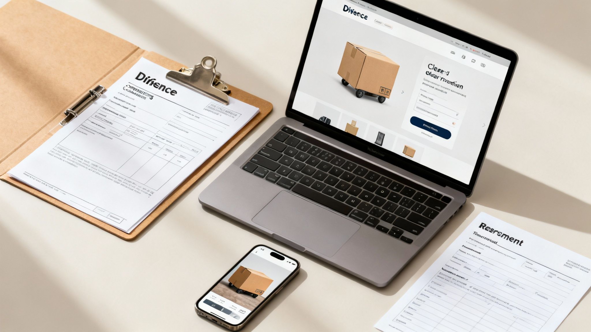 Desk with 'Difience' documents, a laptop showing a delivery box, and a smartphone.