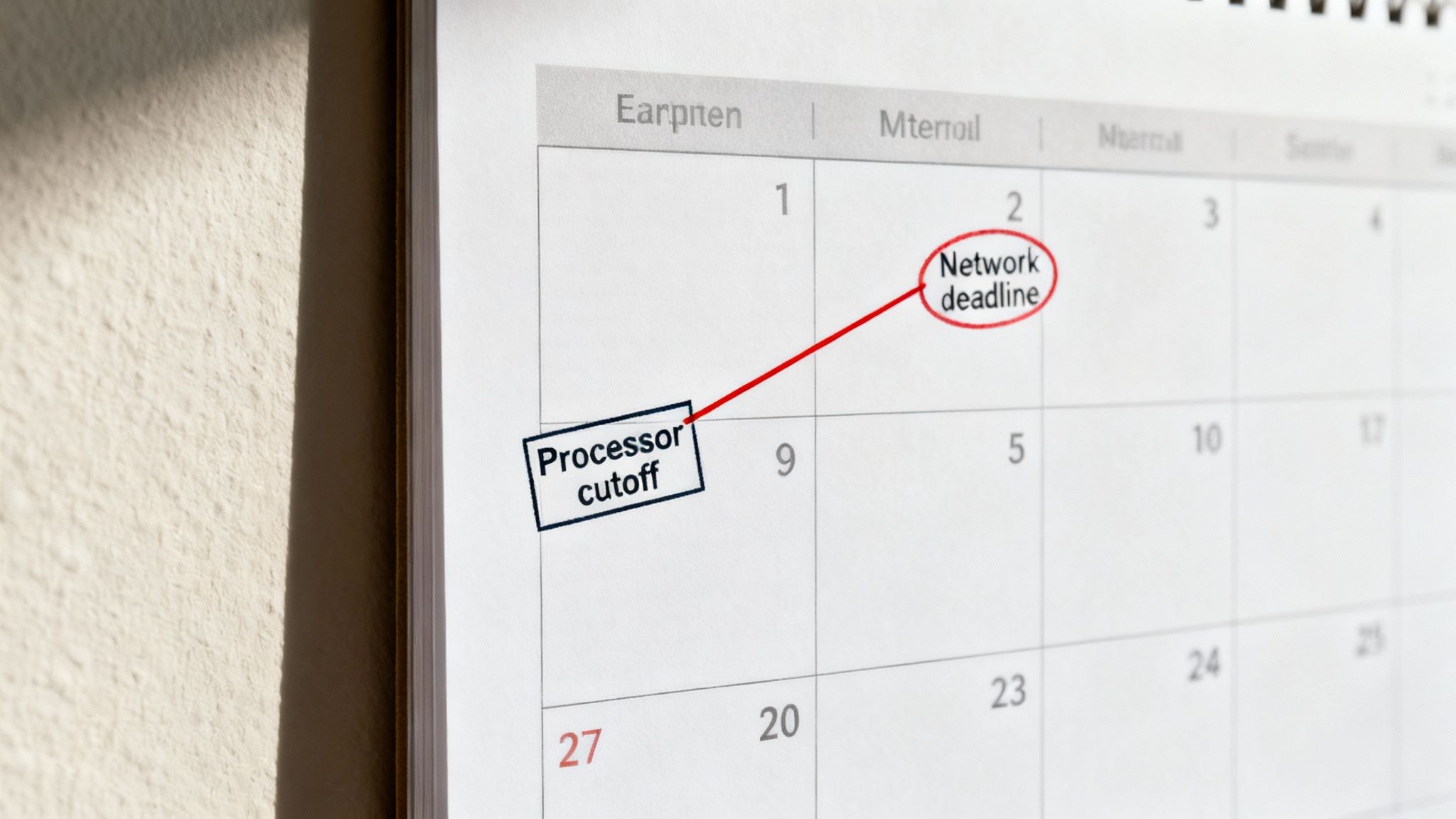 A calendar marking 'Processor cutoff' on day 8 and 'Network deadline' on day 2 with a red line.