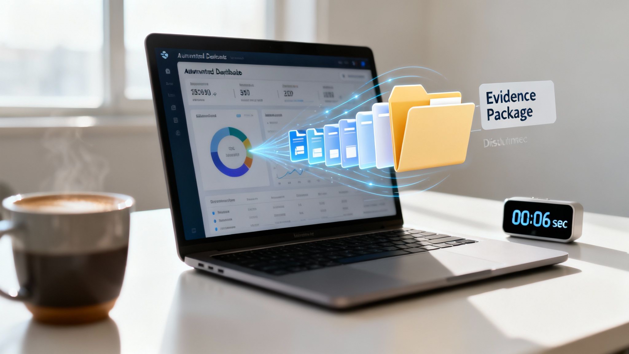 Digital files from a laptop screen quickly compile into an 'Evidence Package' folder, with a 6-second timer.