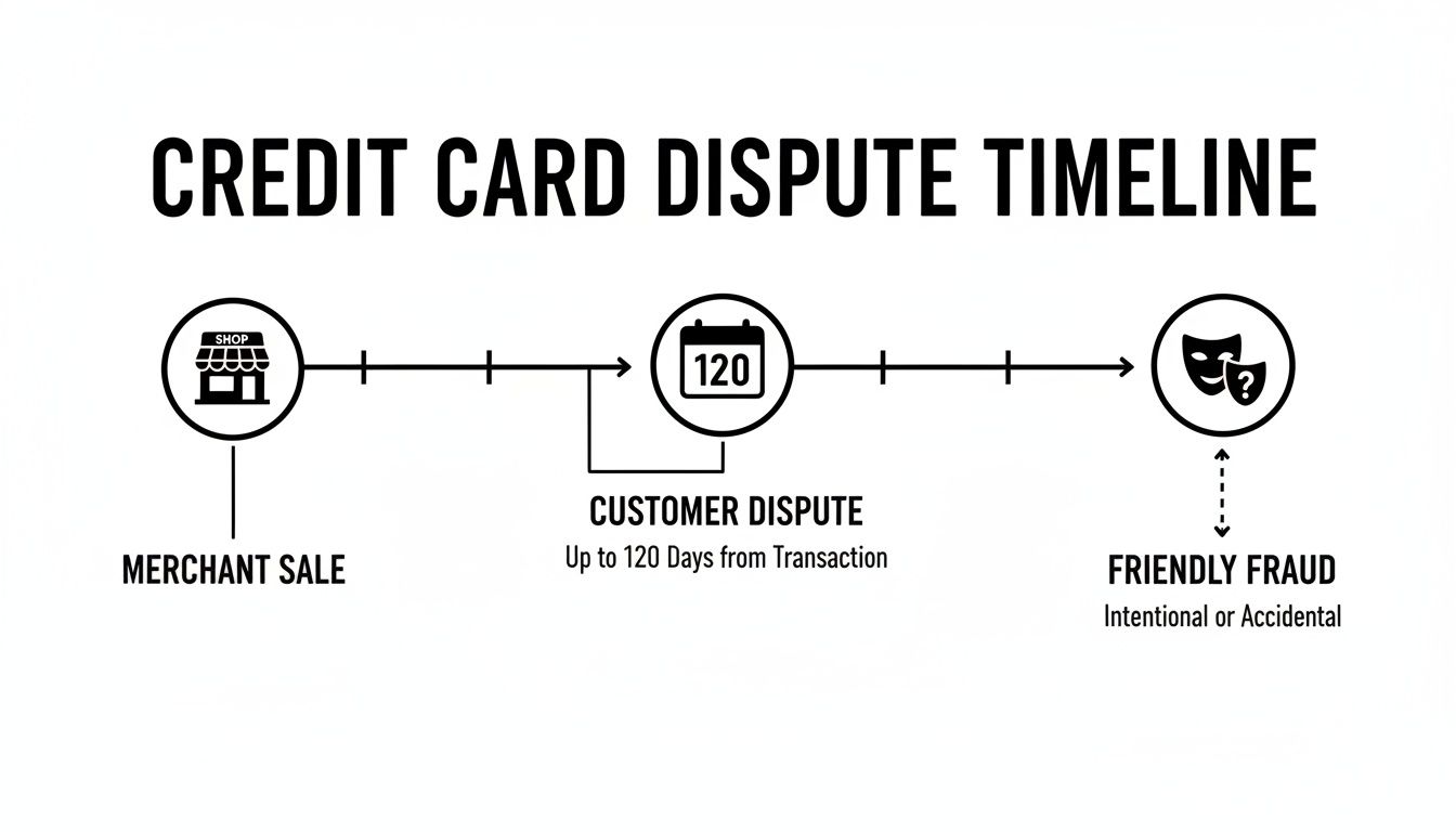 A credit card dispute timeline illustrating the process from a merchant sale to customer dispute and friendly fraud.