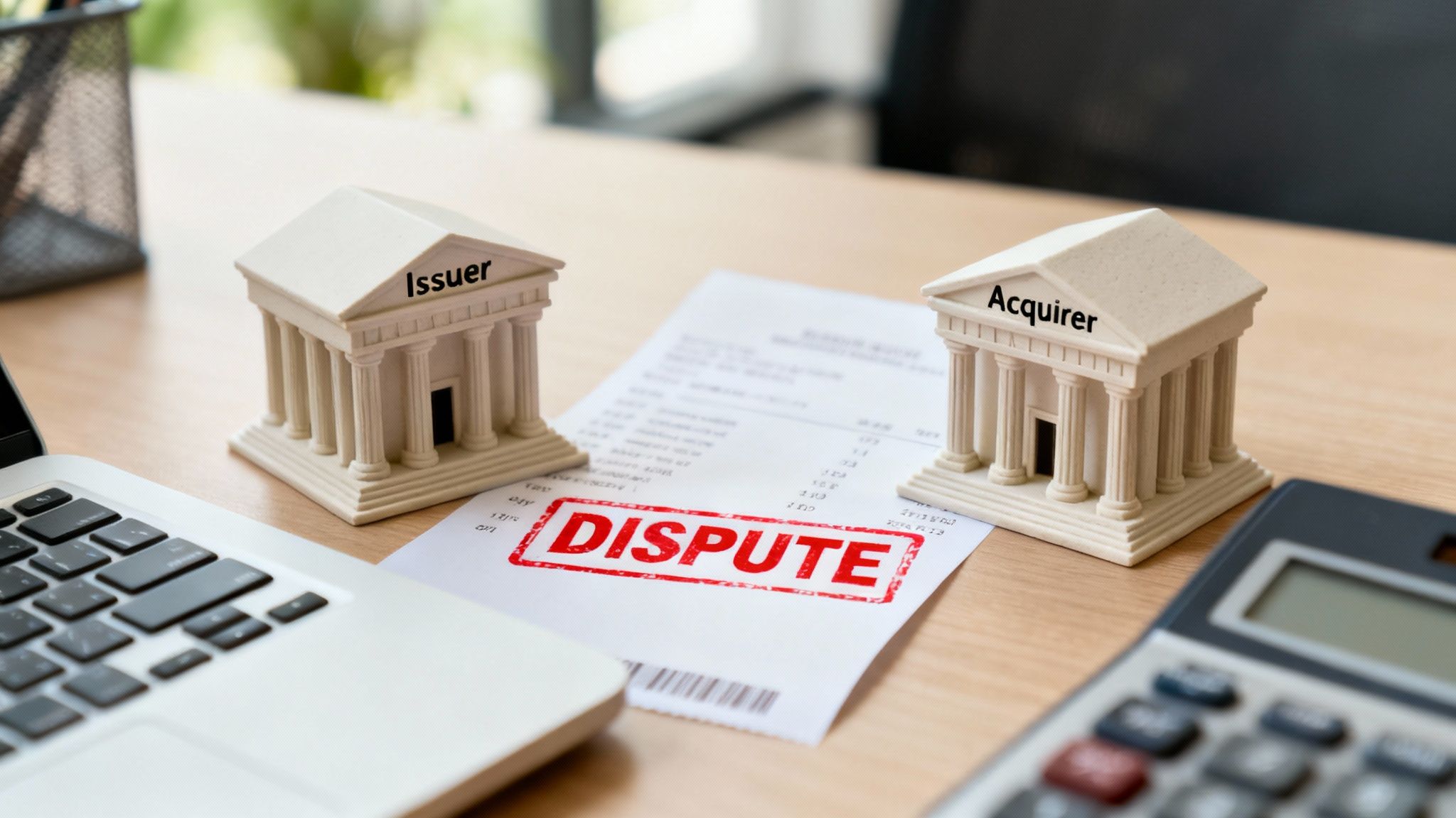 Miniature 'Issuer' and 'Acquirer' bank models on a desk with a 'DISPUTE' document.