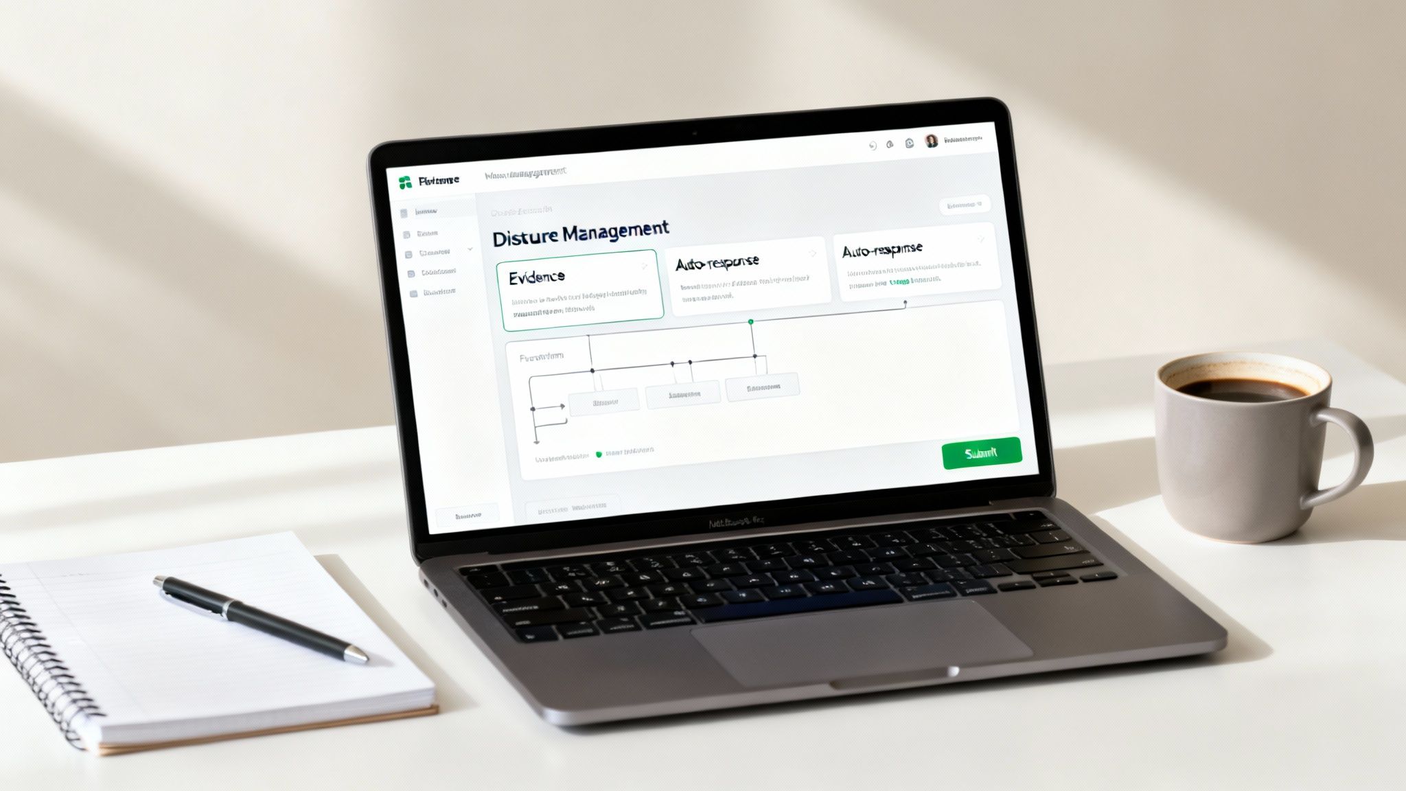 A laptop displaying a 'Disture Management' system with flowcharts, next to a coffee cup and notebook on a desk.