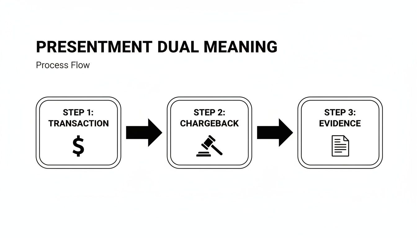 A clear process flow diagram illustrating the steps of presentment: Transaction, Chargeback, and Evidence.