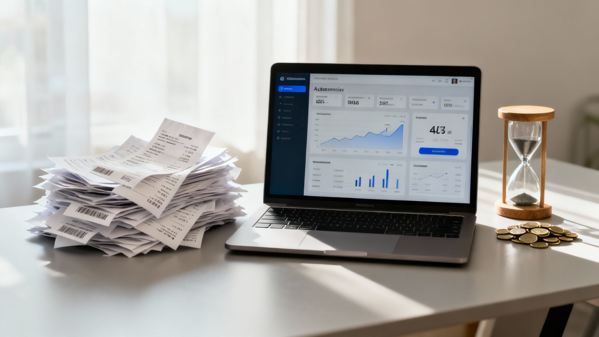 A laptop displaying financial charts, a stack of receipts, an hourglass, and coins on a desk, representing financial management.
