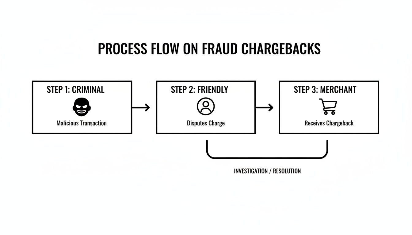 Flowchart illustrating the fraud chargeback process: criminal, friendly dispute, merchant receiving chargeback, and resolution.
