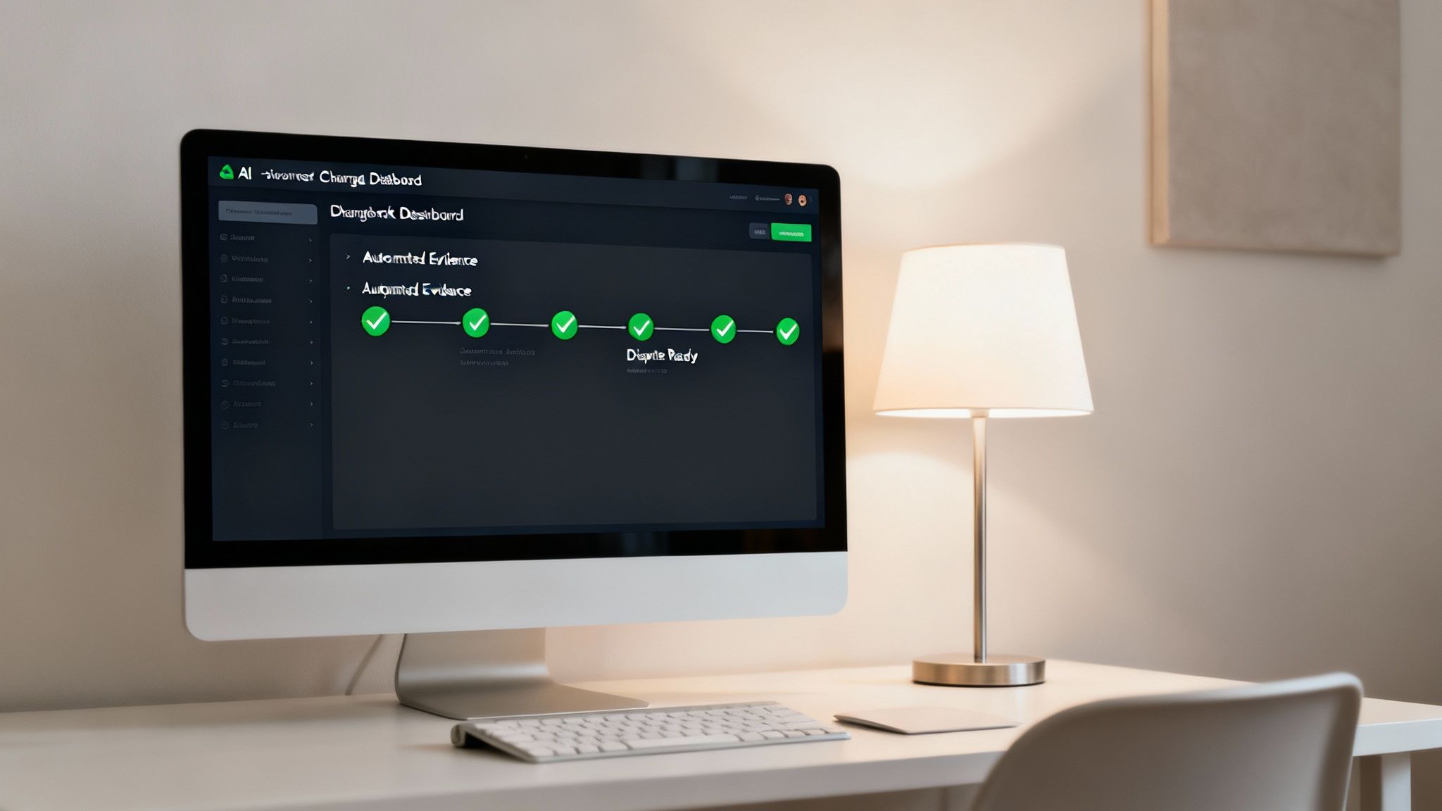 A desktop computer displays a dark dashboard with a progress workflow and green checkmarks.