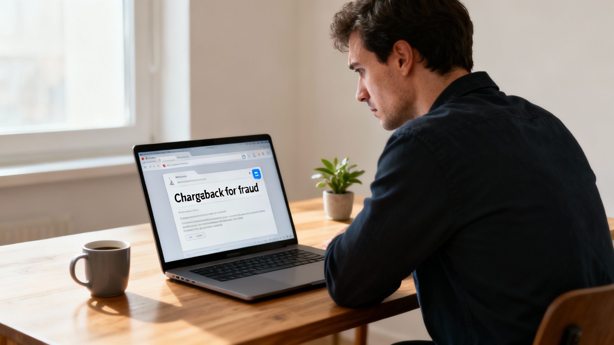A man intently looking at his laptop screen displaying information about 'Chargeback for fraud'.