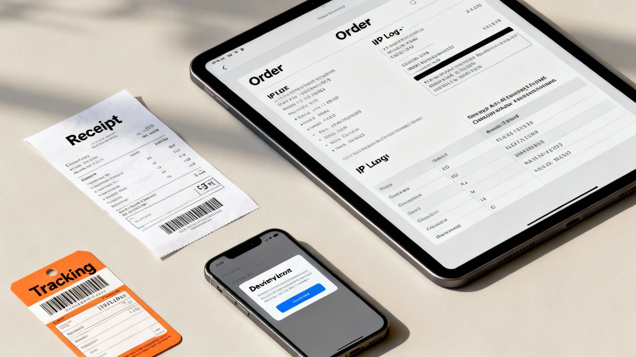 Digital and paper documents: a receipt, an order on a tablet, a phone login, and a tracking tag.