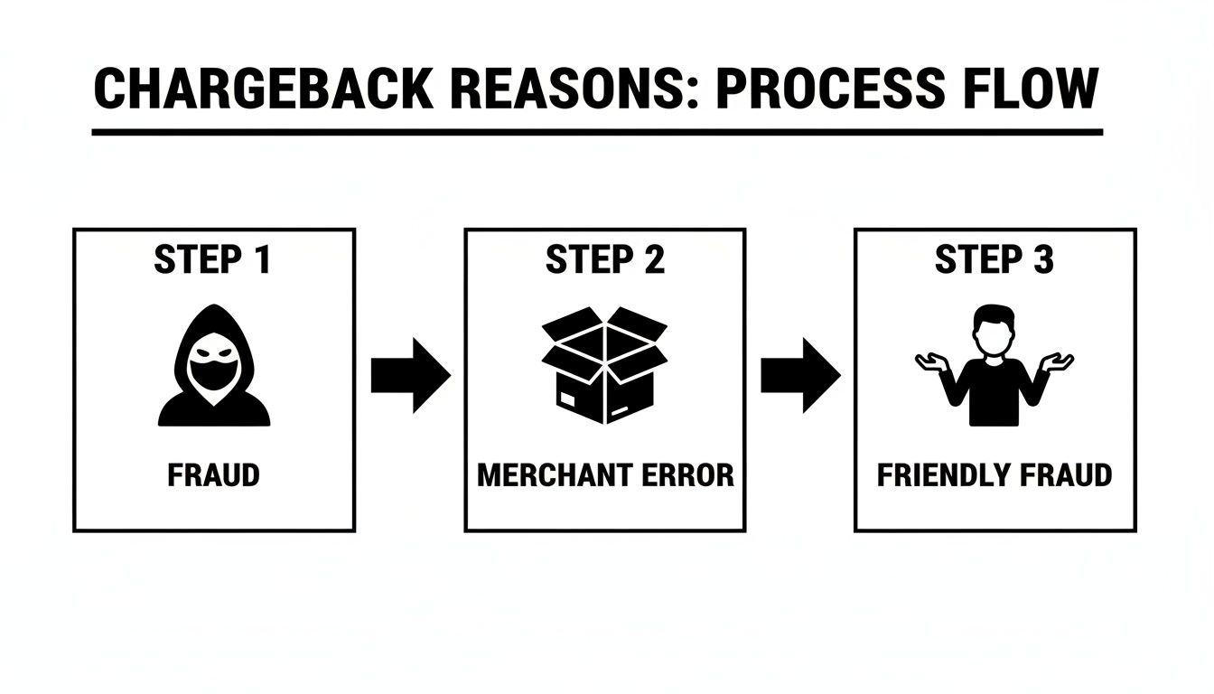 Process flow diagram illustrating chargeback reasons: Fraud, Merchant Error, and Friendly Fraud in three steps.