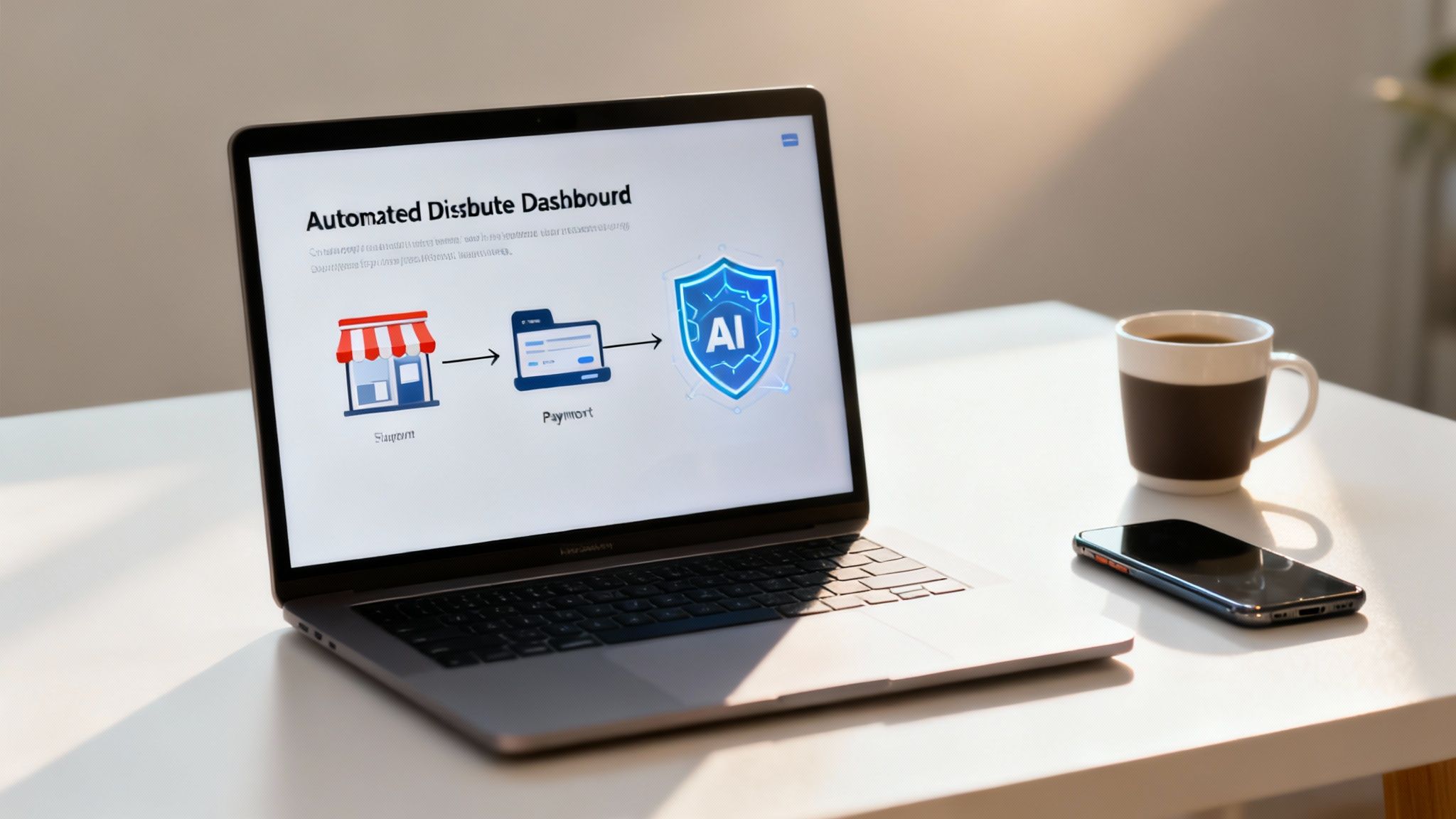 A laptop displays an 'Automated Dispute Dashboard' workflow, showing storefront, payment, and AI integration for chargebacks.