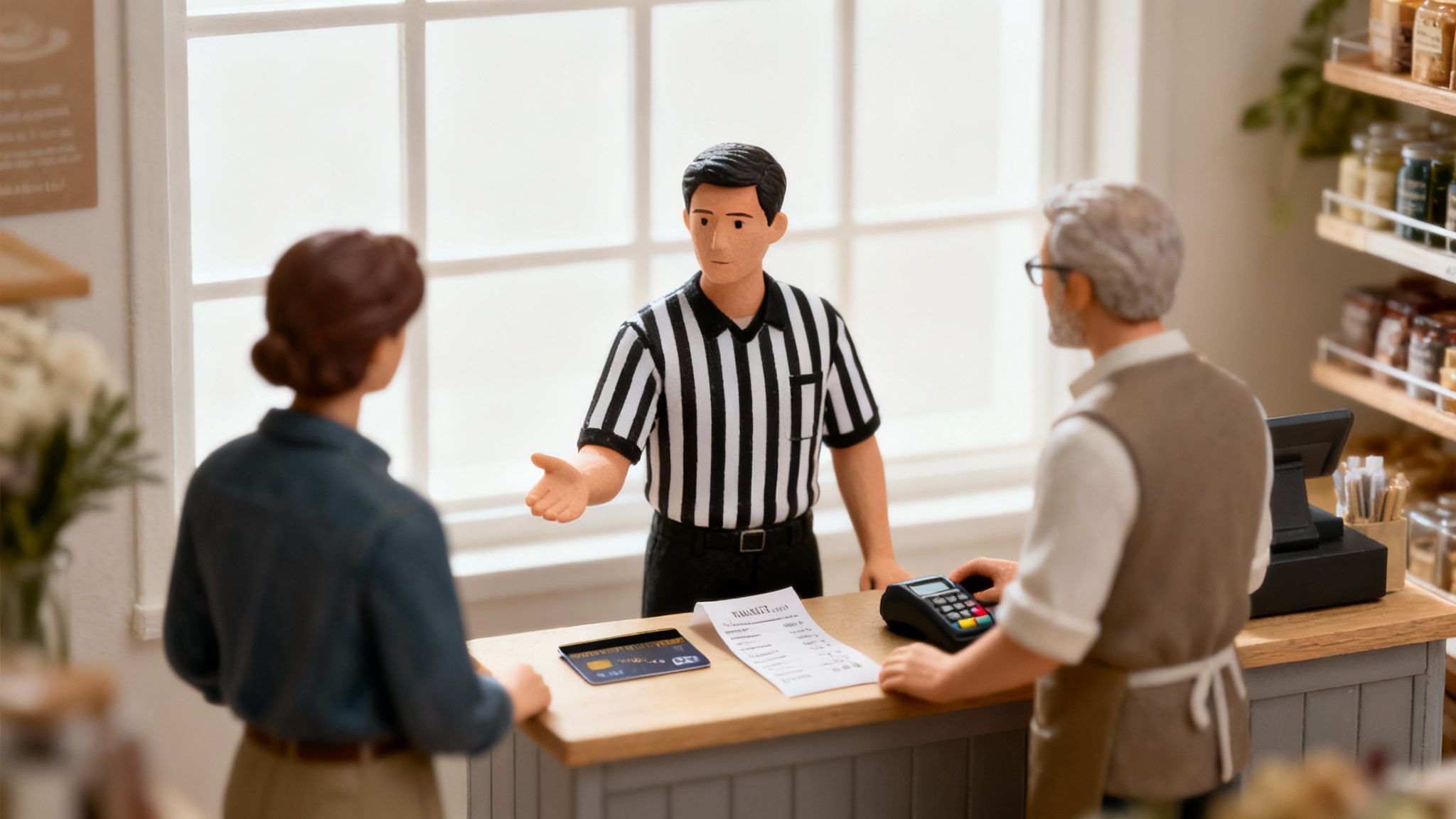 Three miniature figures, including a referee, stand at a counter with a credit card, receipt, and payment terminal.