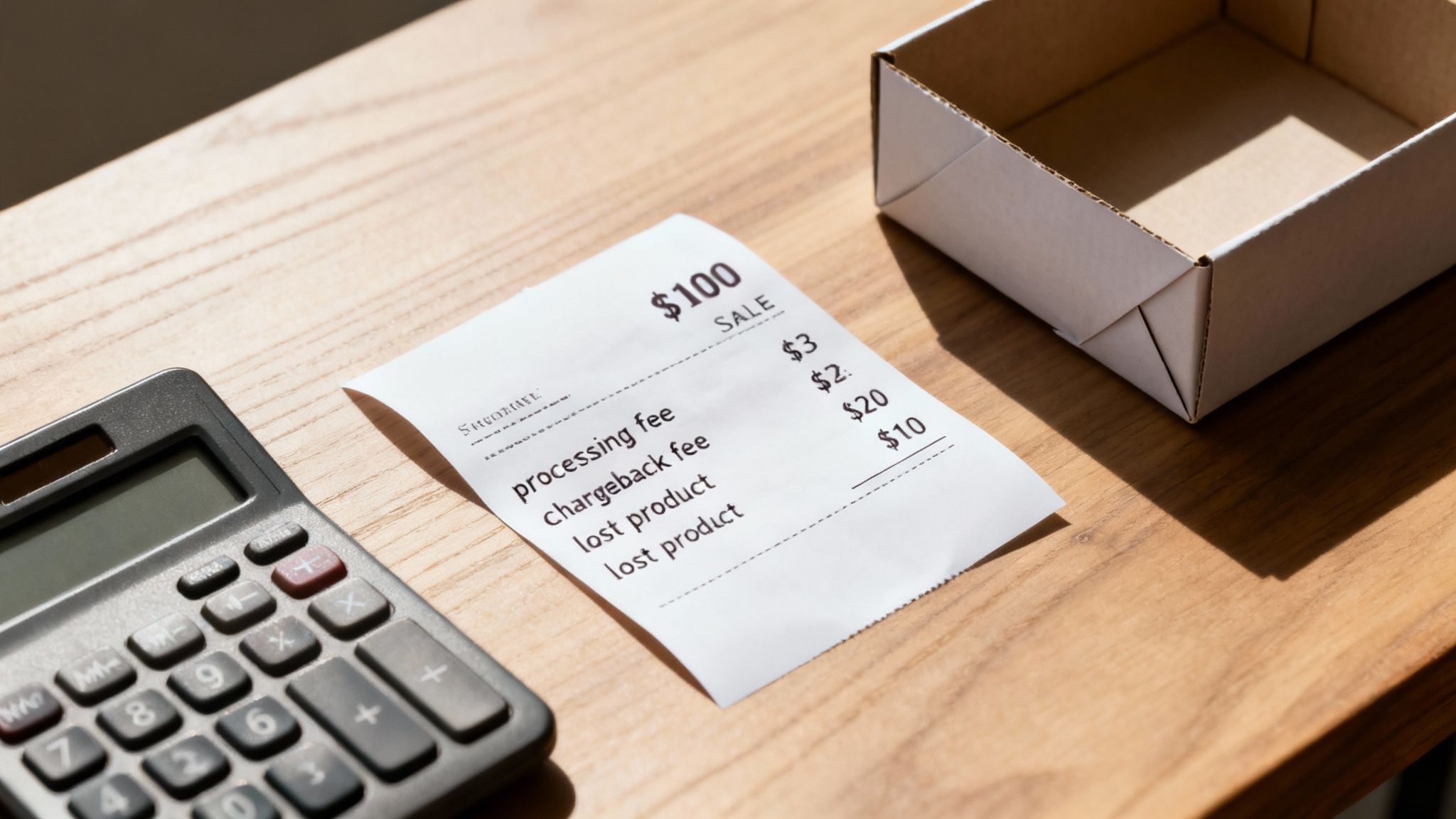 A receipt detailing processing and chargeback fees, with a calculator on a light wooden desk.