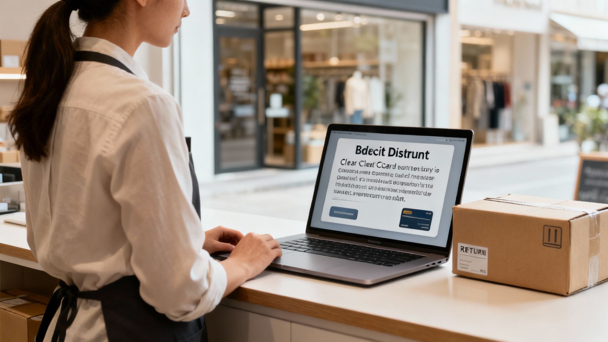 A shop worker in an apron uses a laptop with a card dispute screen, next to a return package.