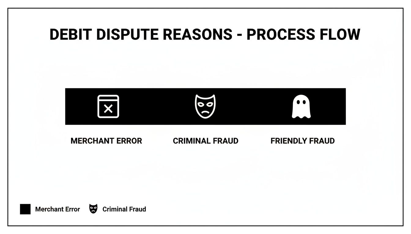 Flowchart illustrating three debit dispute reasons: merchant error, criminal fraud, and friendly fraud, each with an icon.