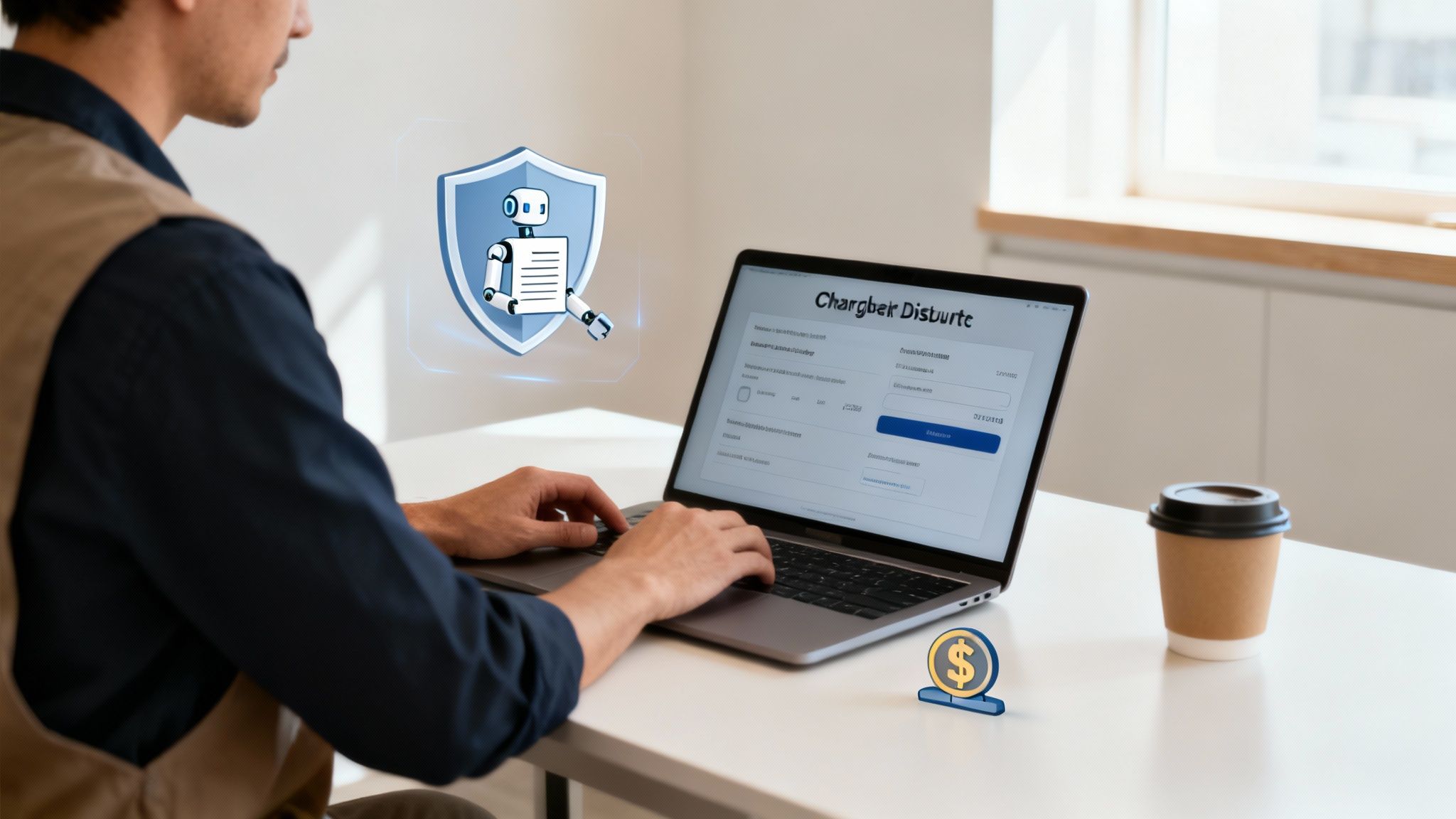 A man uses a laptop for online transactions, featuring an AI security shield and dollar icon.