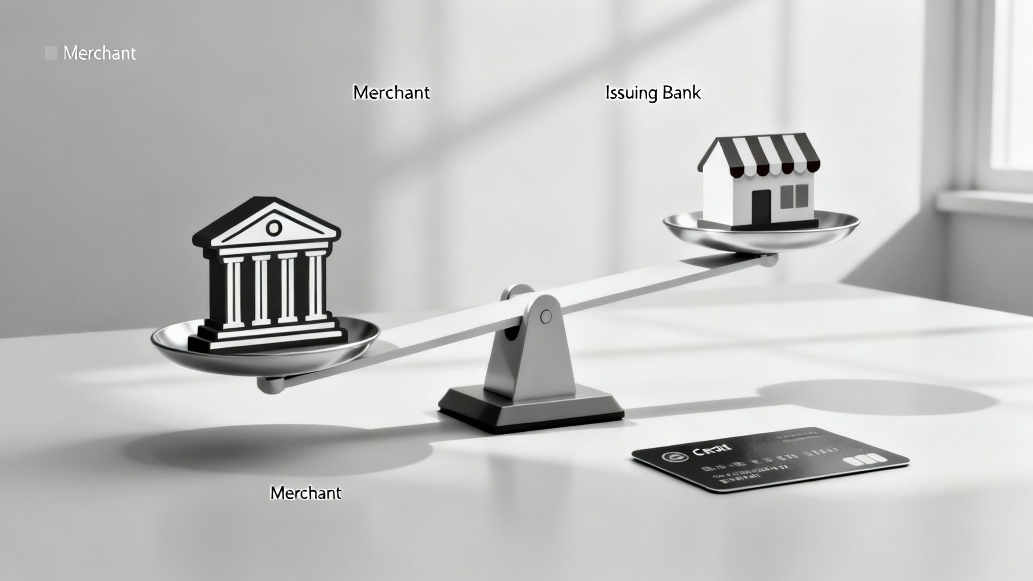 Balance scale with a bank building on one side, a shop on the other, and a credit card.