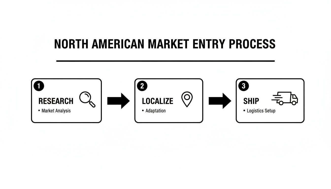 Flowchart illustrating the North American market entry process with steps: Research, Localize, and Ship.